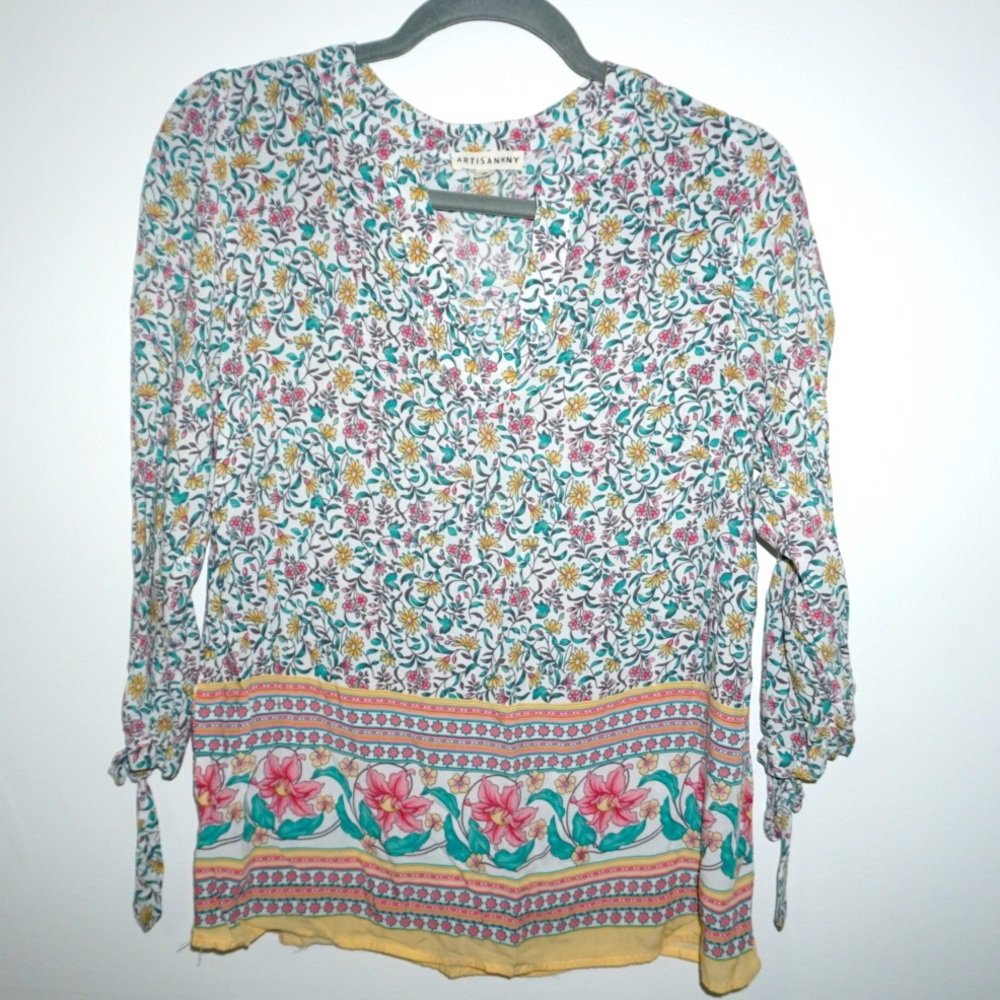 Artisan NY Floral 3/4 Tie SleeveV-Neck Rayon Tunic Lightweight Boho. Size S.